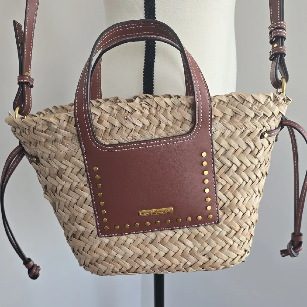 House of Harlow 1960 Woven Straw and Brown Crossbody Bag - Picture 2 of 7